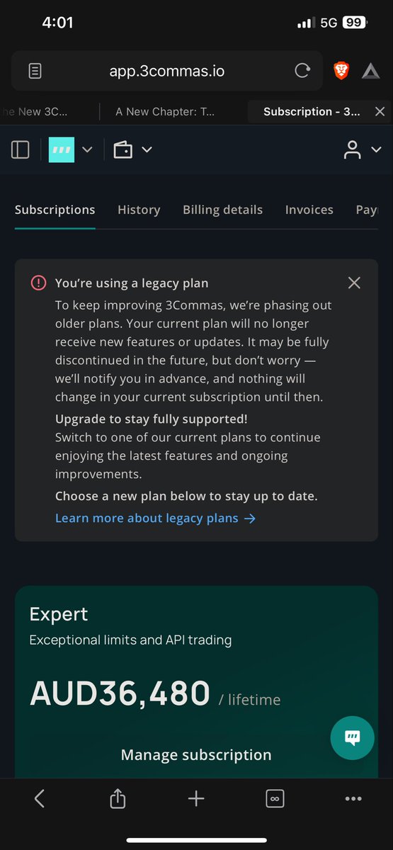 Ledger2020's tweet photo. @3commas @ClaxonV Seeing this notice, I feel like I’ve been tricked by 3Commas again. You guys already have a history that makes me uneasy from the pricing changes to the security incident a few years ago and this is really making me lose trust in the platform. Already I have the expert life time https://t.co/4EYA76Bi1I