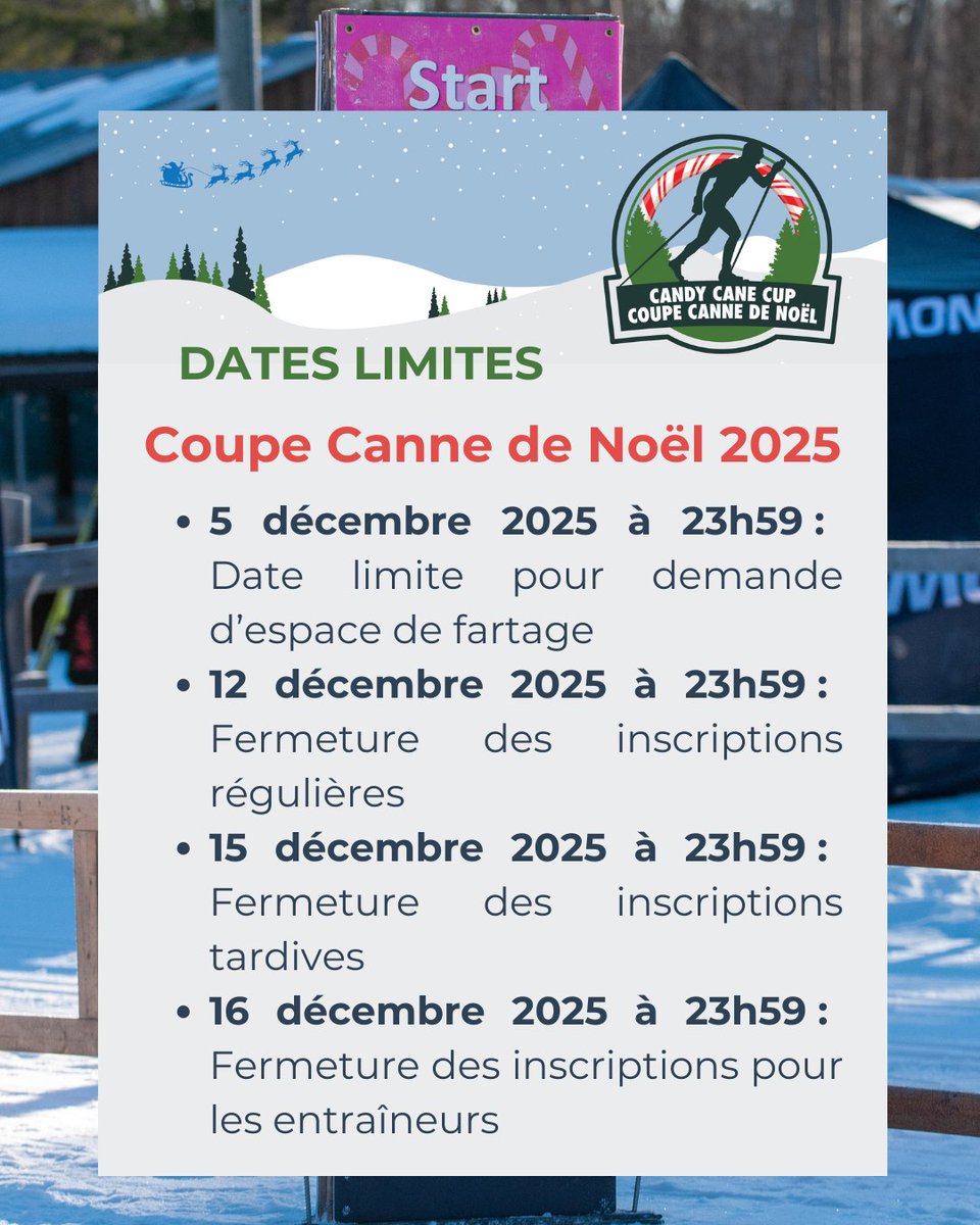 CourseENGNERace's tweet image. DATES LIMITES À RETENIR :
- Date limite pour soumettre une demande d’espace de fartage (5 décembre)
- Fermeture des inscriptions régulières (12 décembre)
- Fermeture des inscriptions tardives (15 décembre)
- Fermeture des inscriptions pour les entraîneurs (16 déc)