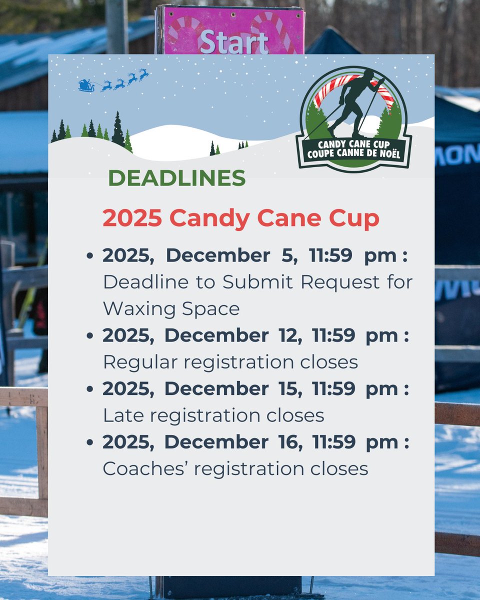 CourseENGNERace's tweet image. KEY DEADLINES :
- Deadline to submit a waxing space request (December 5)
- Closing of regular registrations (December 12)
- Closing of late registrations (December 15)
- Closing of coach registrations (December 16)

Please respect all deadlines!
