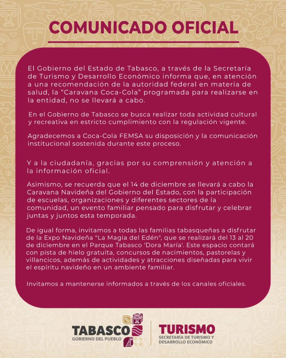 ReporteTab's tweet image. En #Tabasco suspenden la Caravana Coca-Cola atendiendo las recomendaciones de salud y para evitar la promoción de alimentos no saludables.

En Querétaro se pasaron la recomendación por el arco del triunfo. ¿Tú qué opinas?

#RT #Villahermosa