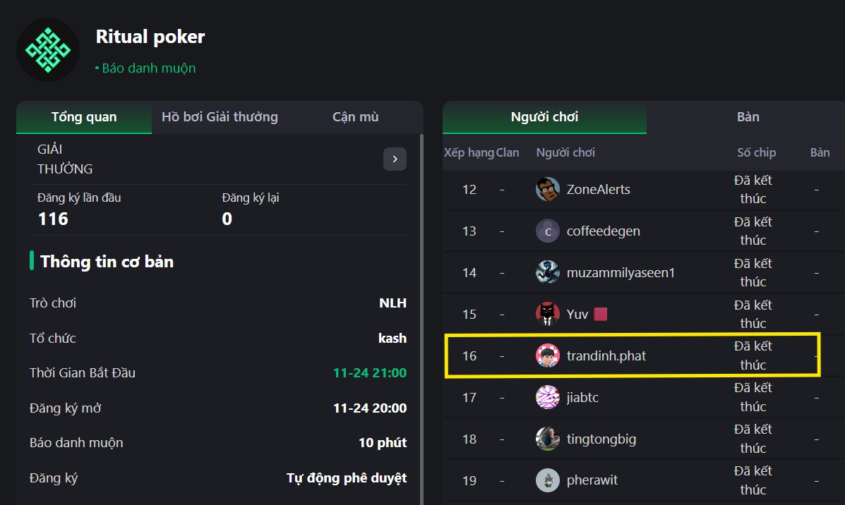 Phat8Web3's tweet image. Yesterday, I participated in Ritual Poker, ranked 16/116.

I will try to be in the top 10 for the next Poker games.

⏰Time: 09:00 PM (UTC+7) || November 24, 2025
📍Web LePoker: app.lepoker.io/m/Z7M00bR
📲DC Nickname: Phat MI-M
📲DC Username: trandinh.phat

@ritualfnd @ritualnet