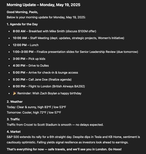 paolofridman's tweet image. Stop drowning in morning chaos. I built an AI voice assistant that delivers your daily brief in 30 seconds: agenda, weather, traffic &amp;amp; markets. All via Slack/text/email before 8AM. No more email walls. Just calm, clear updates. #AIProductivity #AIAssistant #AIWorkflow
