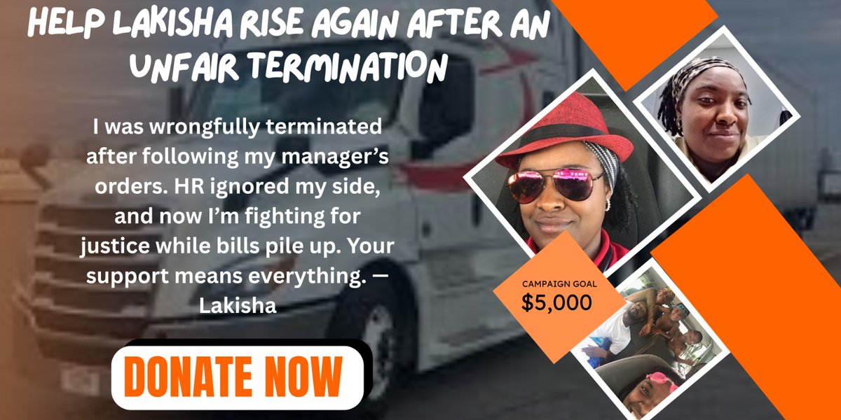 yunusfunderpro's tweet image. Support Lakisha’s Fight for Justice

Lakisha spoke up at work and was unfairly fired. Now she’s pursuing legal action while studying for her B.S. in Criminal Justice, and the bills are piling up. She’s always stood for what’s right now she needs support.

Please donate or share