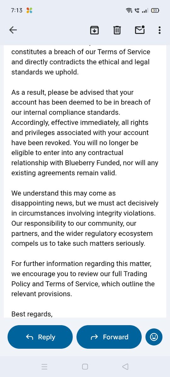 MondalSudh54089's tweet image. I just got my BlueberryFunded account terminated right after passing the challenge.
They claimed “KYC/AML issues” without showing any proof and refused my payout.
Traders, be careful before trusting these firms.

#PropFirm #ScamAlert #Forex #BlueberryFunded #TradingCommunity