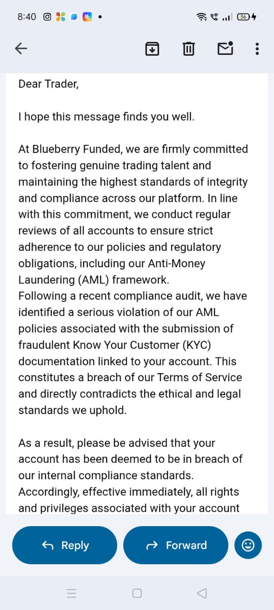MondalSudh54089's tweet image. I just got my BlueberryFunded account terminated right after passing the challenge.
They claimed “KYC/AML issues” without showing any proof and refused my payout.
Traders, be careful before trusting these firms.

#PropFirm #ScamAlert #Forex #BlueberryFunded #TradingCommunity
