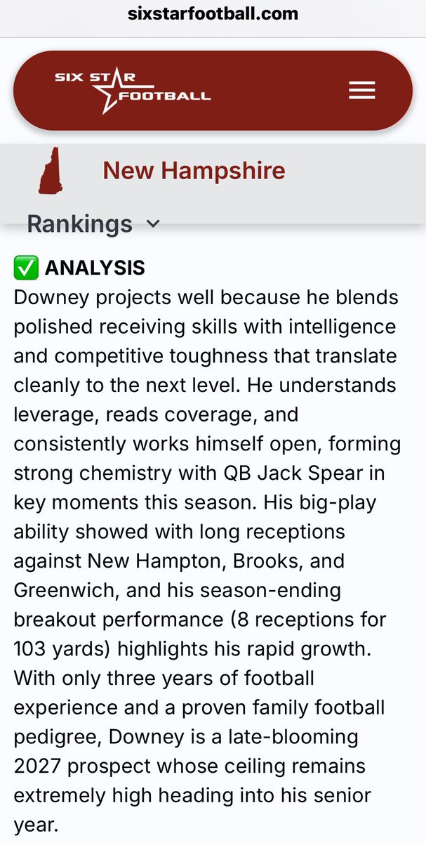 Thank you <a href="/sixstarfootball/">Six Star Football | PLUS+</a> for the write up. I really appreciate it.

<a href="/newftbj/">New England Football Journal ® 🏈</a> <a href="/PRZNewEngland/">Prep Redzone New England</a> <a href="/NE6FB_Recruits/">NE-Recruits</a> <a href="/PhilStacey_SN/">Phil Stacey</a> <a href="/BGlobeSports/">Boston Globe Sports</a> <a href="/AlexAgrellaRB/">Alex Agrella</a>