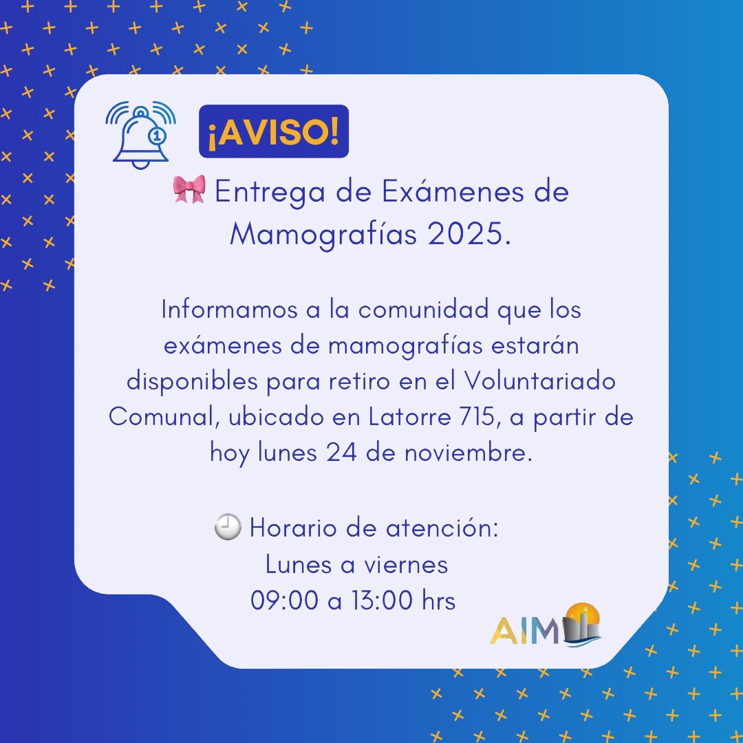 🎀Entrega de Exámenes de Mamografías 2025.
Informamos a la comunidad que los exámenes de mamografías ya se encuentran disponibles para retiro en el Voluntariado Comunal, ubicado en Latorre 715.
⌚️Horario de atención:
Lunes a viernes
09:00 a 13:00 hrs.