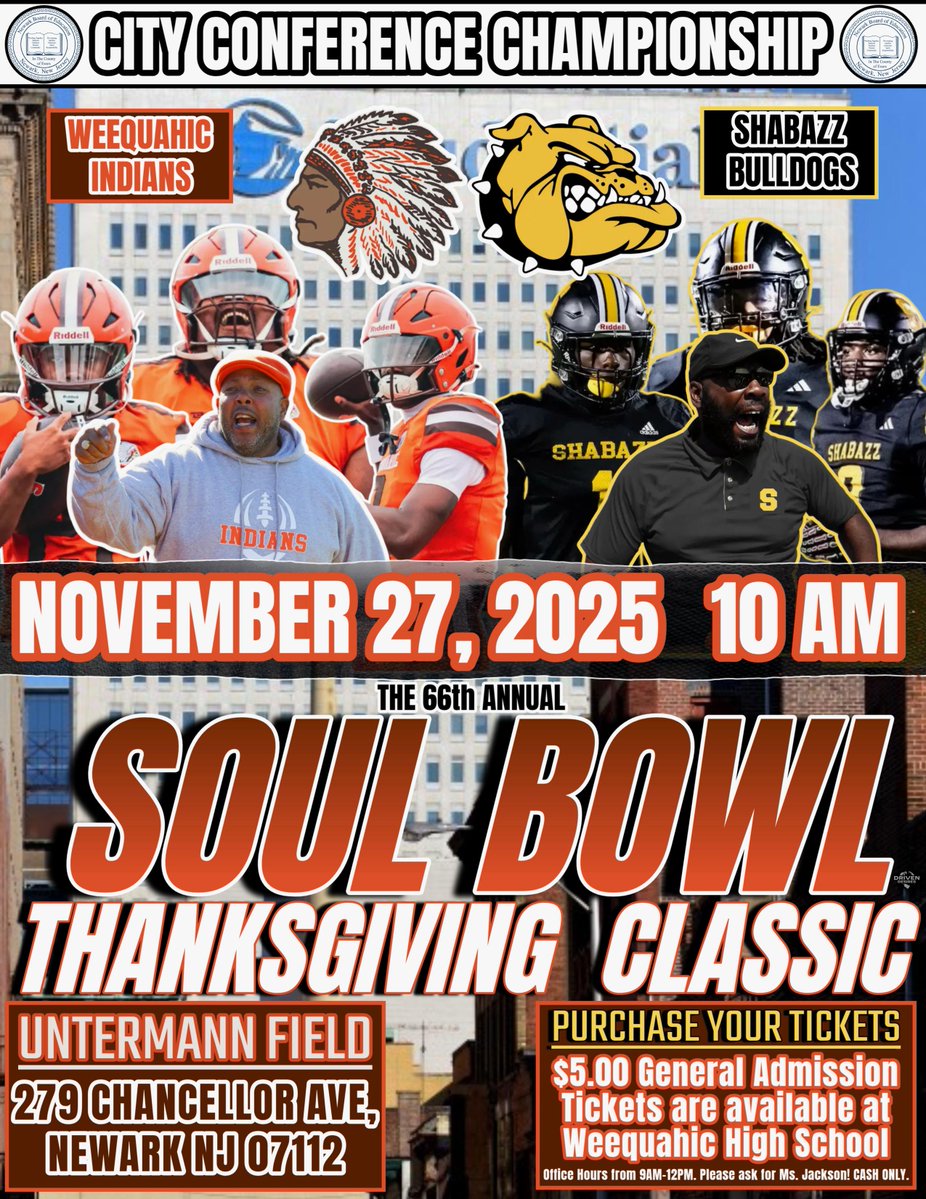 Thanksgiving in Newark hits different.
The Soul Bowl returns to Untermann Field at 10AM as Weequahic and Shabazz meet again.
The Indians ride a 5-game streak into the city’s most storied rivalry.
#SoulBowl #IPNation #WeequahicFootball