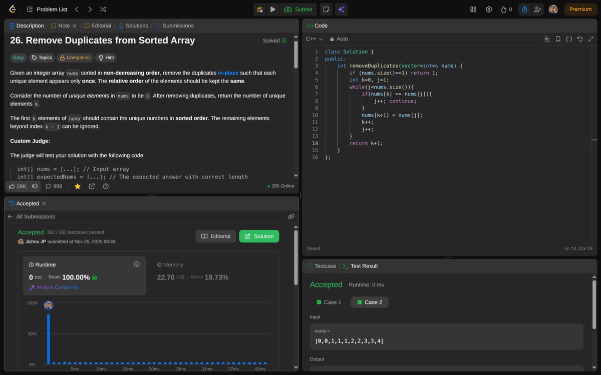 Jishnu_J_P's tweet photo. 🚀 Day 55 of #100daysofcode
🎯 solved: Remove duplicates
💡 topics:  easy two pointers

later realized that I had solved it once, so this was just a revision. https://t.co/PTdL5bNjal