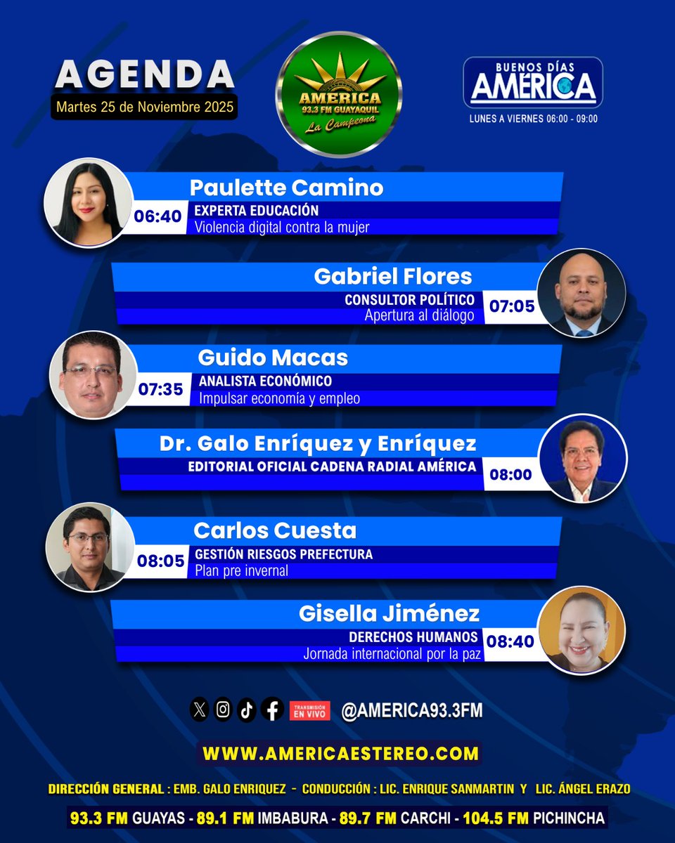 𝐀𝐆𝐄𝐍𝐃𝐀
📅 Martes 25 de noviembre 2025
📻 93.3 FM ¡Sintonízanos en vivo!
🎥 Facebook Live
🌐 americaestereo.com
Noticiero Buenos Días América, últimas noticias, nacionales e internacionales.
#Noticias