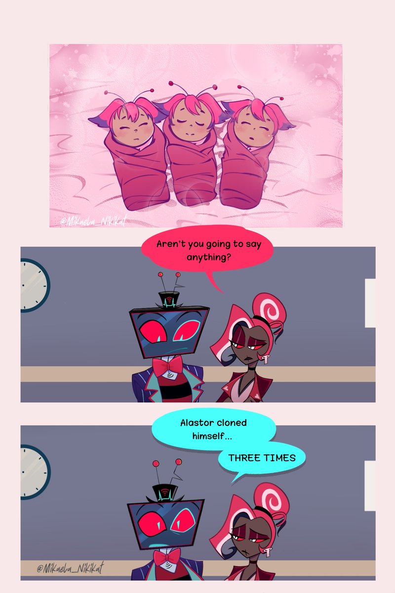 Mikaela_Nikikat's tweet image. Three babies. (AAA)
If you&apos;re wondering about Alastor, he&apos;s still under anesthesia. 

#RadioStatic #voxal #vox #alastor #valentino #velvette