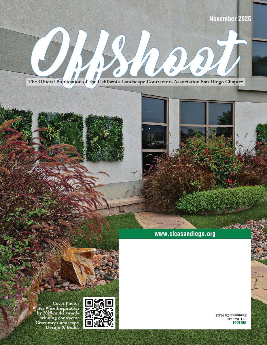 clcasd's tweet photo. The most recent issue of the CLCA San Diego Chapter's Offshoot magazine is available to read online! Check it out at https://t.co/ILZ2knXHWz

Cover photo of 2025 beautification award winning project, Water Wise Inspiration, by Greenway Landscape Design &amp; Build https://t.co/RsdrIGQoZ7