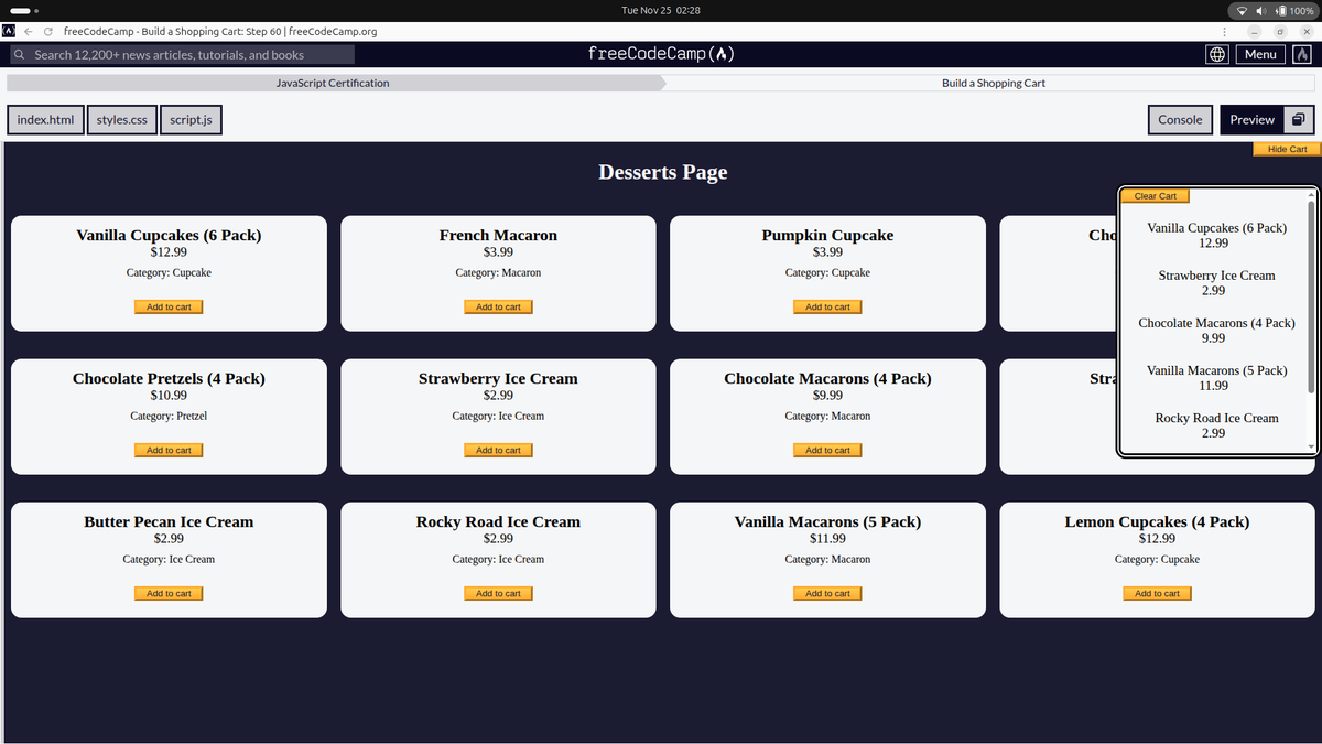 ChoHalle's tweet image. I have completed Build a Shopping Cart #freecodecamp
 freecodecamp.org/learn/javascri…