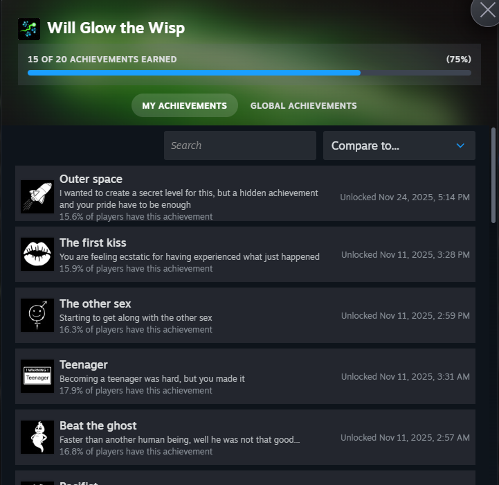 Howdy! Just wanted to post and say there are no streams planned for this week. Mainly due to it being *American* Thanksgiving Week! But I did want to share one of the games I've been working towards for 100% 
Will Glow the Wisp is fun but is insanely difficult at times!