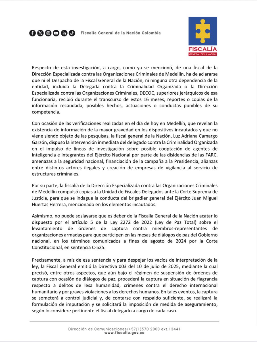 FiscaliaCol's tweet photo. Comunicado de la Fiscalía General de la Nación https://t.co/3VhppldrCu