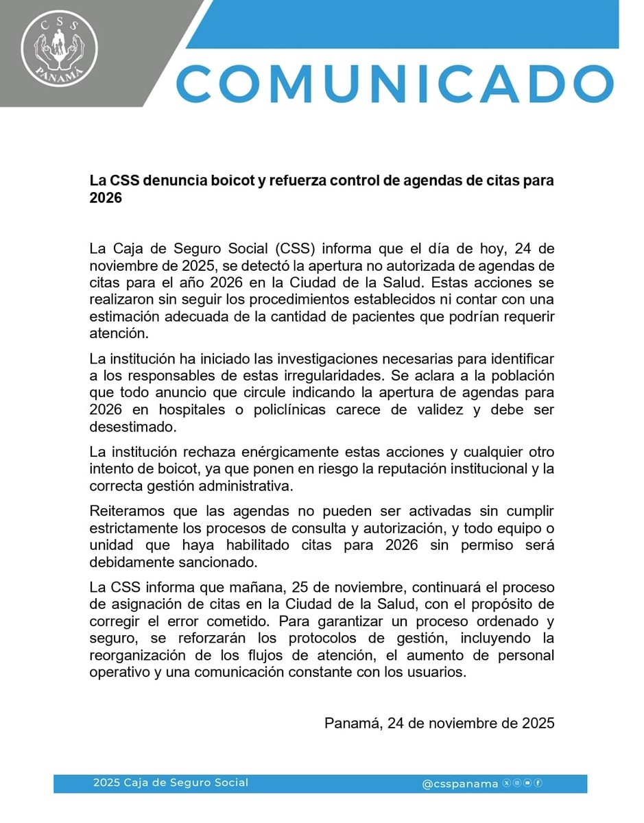 La CSS denuncia boicot y
refuerza control de agendas de citas para 2026
