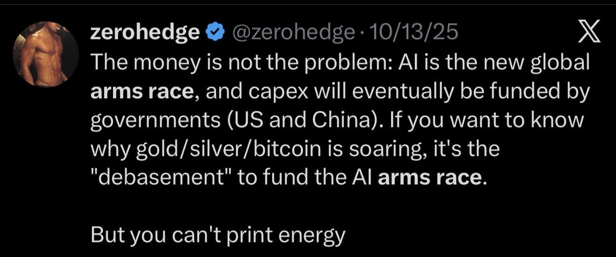 zerohedge's tweet image. In other words they will print to win the AI arms race and then they will print to fund the UBI. Only thing you can&apos;t print is energy and gold/bitcoin have yet to figure that out