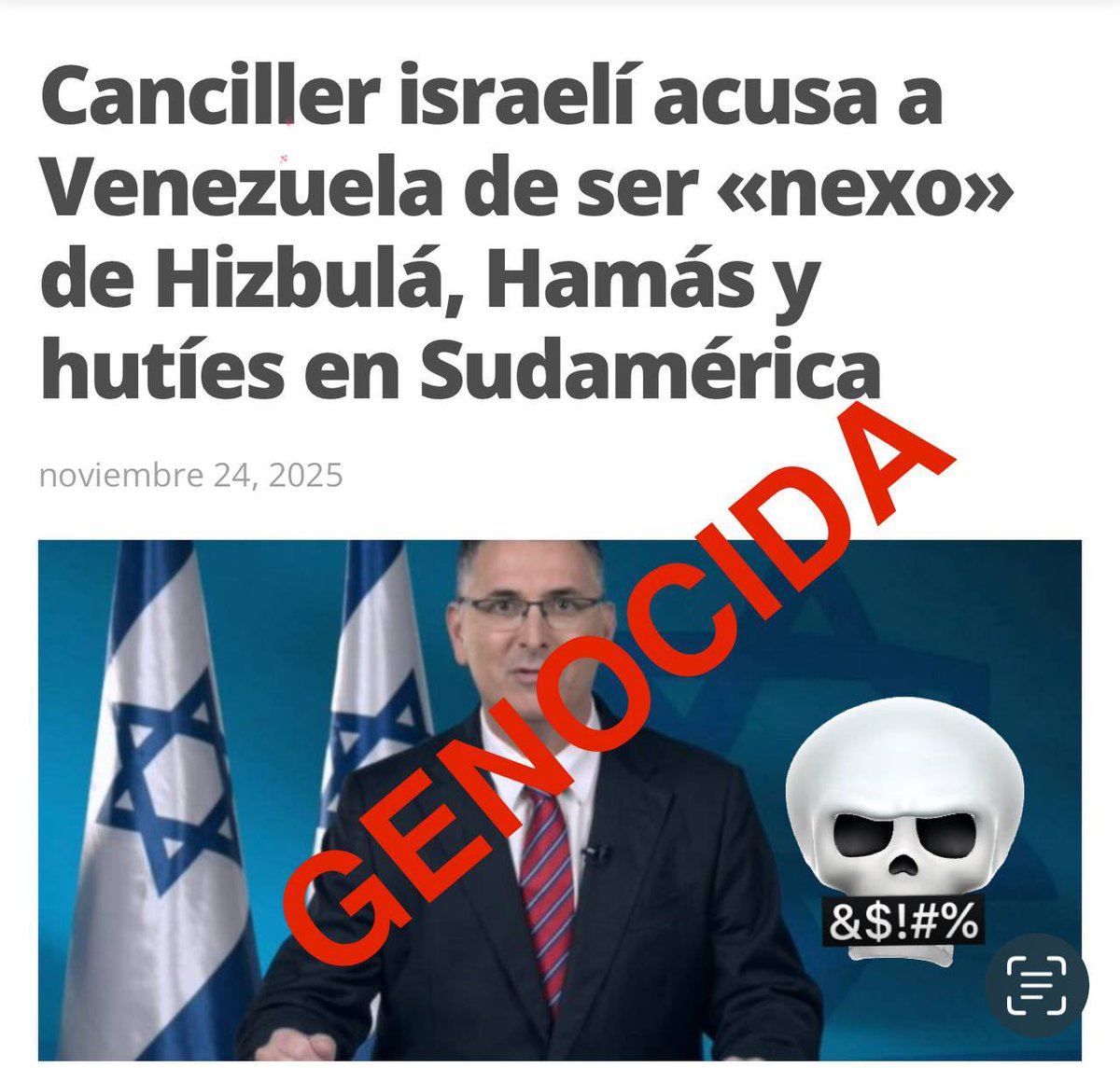 madeleintlSUR's tweet image. El canciller de Venezuela Yvan Gil al Canciller de Israel: 

“Gideon Saar, usted es un criminal de guerra y un genocida.

Lo que debería estar haciendo no es mencionando a Venezuela, sino preparándose para ser juzgado por los crímenes que su gobierno comete contra el pueblo…