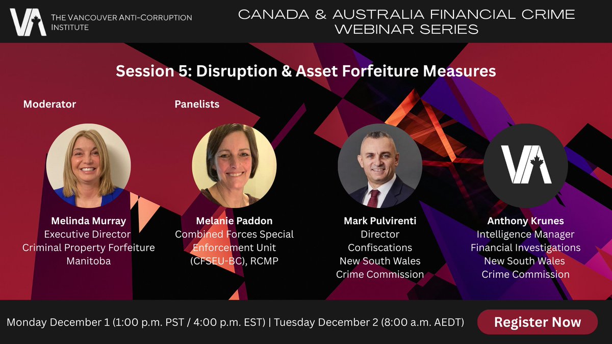 The final session of the Canada &amp; Australia Financial Crime Webinar Series will take place on December 1 (Canada) and December 2 (Australia), focusing on “Disruption &amp; Asset Forfeiture Measures.” #assetforfeiture #Canada #Australia #financialcrime bit.ly/4ogbONy