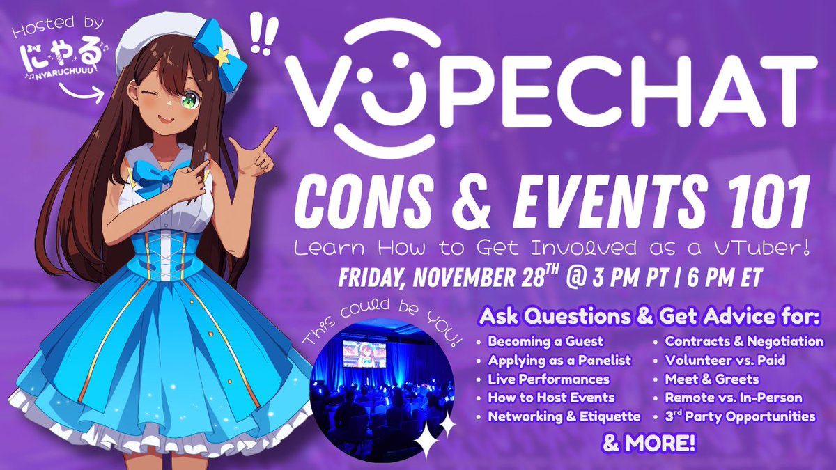 💜NYARU x VUPECHAT EVENT💜

Have you ever wanted to be a guest or perform at a convention? ✨ I'll be doing a Cons &amp; Events 101 Q&amp;A on <a href="/vupechat/">Vupechat</a>, a omegle-like platform for VTubers! 📝 

📅Friday, November 28th
⏰3 PM PT | 6 PM ET
📌Vupechat, YouTube &amp; Twitch