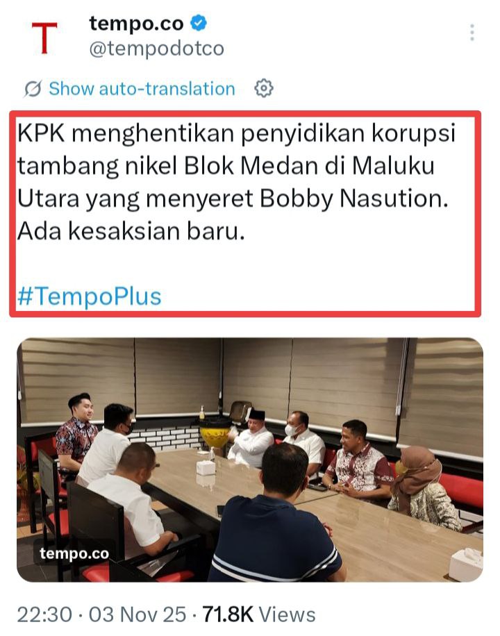 <a href="/Yoechan_/">🆎4t4</a> <a href="/DolfieOtay/">DolfieOtay</a> <a href="/baronko_cole/">🅱🅰🆁🅾🅽🅺🅾</a> <a href="/b3l4h4nh4t1ku_/">💕Belahan Jiwaku 💕</a> <a href="/TukuQ_86300/">Nala_402</a> <a href="/A5l1n9_4la_m_/">k_1Dn4_hq</a> <a href="/ArdieSuhardi321/">𝕬𝖗𝖉𝖎𝖊 𝕾𝖚𝖍𝖆𝖗𝖉𝖎</a> <a href="/OktermanLkmn/">OktermanLkmn</a> <a href="/se_raden997370/">RYS</a> <a href="/PahetKopi28207/">Ndas mu</a> <a href="/FreeStranger13/">FreeStranger</a> <a href="/secr3thm4nz56/">SecrethManZ</a> <a href="/4nw4r__84/">🇲🇨4n4k 603m1 pu724🇵🇸</a> <a href="/C1ntaT4nahA1r3_/">🇮🇩💯ᴄɪɴᴛᴀ ᴛᴀɴᴀʜ ᴀɪʀ ✊️🔥</a> <a href="/Anto1157/">Anto@</a> <a href="/perangutan23/">Hopeng Jokowi/Pascabowo🤨</a> <a href="/Udinsam_dua/">udinsam_dua</a> <a href="/Darmara02177184/">Darmaraja</a> <a href="/sampalle/">Natavoky</a> <a href="/bale_imut/">🇮🇩 Bg (Bale) 🇵🇸 💪💪</a> <a href="/Al355555/">@nice</a> <a href="/NunutUswatun/">Nunut_uswatun</a> #NepalkanKPKBiadab    
    
<a href="/Sumanto59653397/">DUIT RAKYAT</a>
<a href="/RENIEKA2012/">RENIEKA</a>
<a href="/Amans4/">Aman's</a>
<a href="/Enggang_Kaltim/">NdarOe PUMA</a>
<a href="/dankelha/">dank el ha</a>
<a href="/KiYang4343/">Ki Yang akun ke-3</a>
<a href="/toniwahyudi21/">Toni Wahyudi</a>
<a href="/NawawiAlMaroni/">Kang Timbul🇮🇩🇵🇸</a>
<a href="/RusdiridwanS/">dokter erdisa, pemerhati nasib bangsa dan negara.</a>
<a href="/abah_mumtaz/">Abah Mumtaz 🇵🇸🇲🇨☕️</a>

<a href="/snazbelle/">Lin</a>
<a href="/W1lL_AngelRoses/">☀️ Suñshiñe's 🅼🅸🆂🆂 Ço○o○L</a> 
<a href="/SR21881/">RezimNgibul</a> 

3. KPK hentikan penyidikan korupsi tambang Blok Medan Bobby Kahiyang