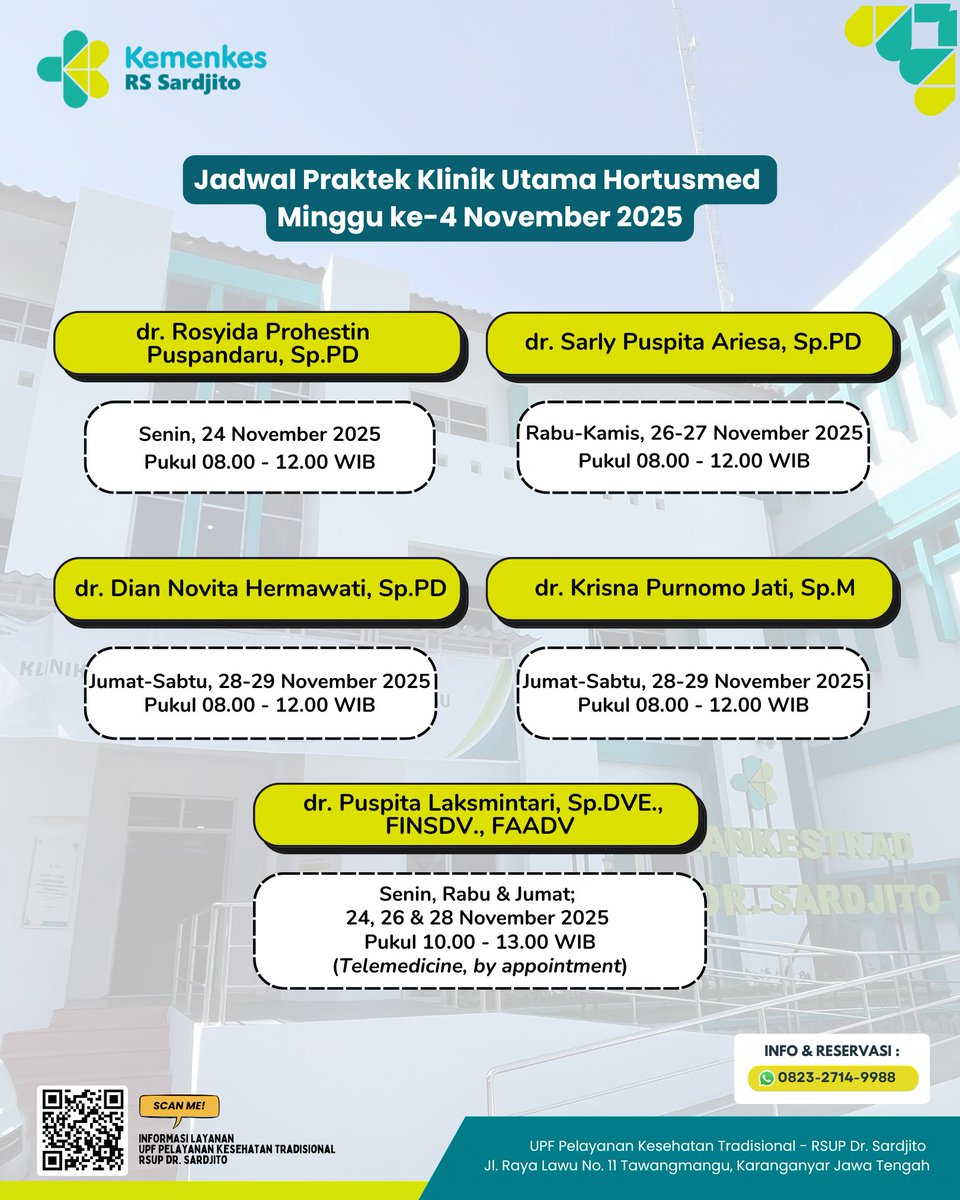 Halo Sobat Sehat Sardjito

Kami informasikan Jadwal Praktik Dokter Minggu ke-4 November 2025 Klinik Utama Hortusmed Tawangmangu 

Salam Sehat dari Tawangmangu

#klinikutama #spesialispenyakitdalam #spesialismata #spesialisdermatologivenereologiestetika #hortusmed #upfyankestrad