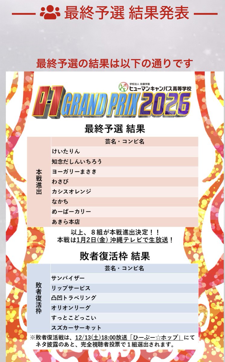 正月に行われる沖縄お笑い大会
0-1グランプリ本戦進出決定しました。
1月2日うにげーさびら♪
にふぇーでーびるぼでぃーびるくちびる😭