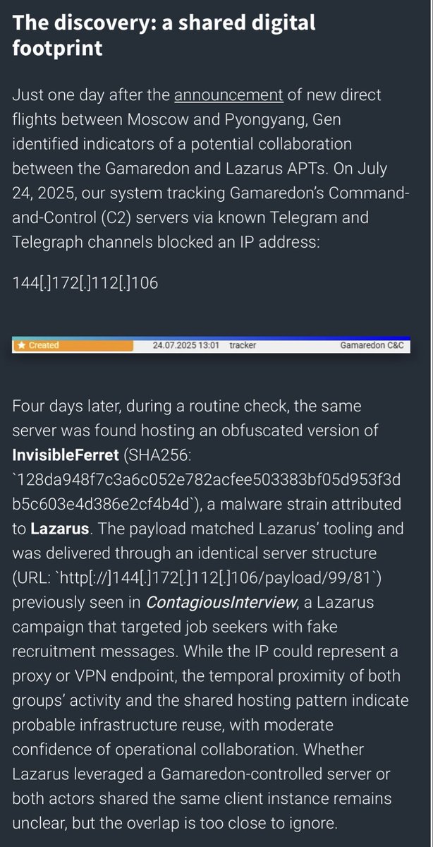 blackorbird's tweet image. #Gamaredon #Lazarus maybe operating on shared infrastructure.  
144[.]172[.]112[.]106 
gendigital.com/blog/insights/…