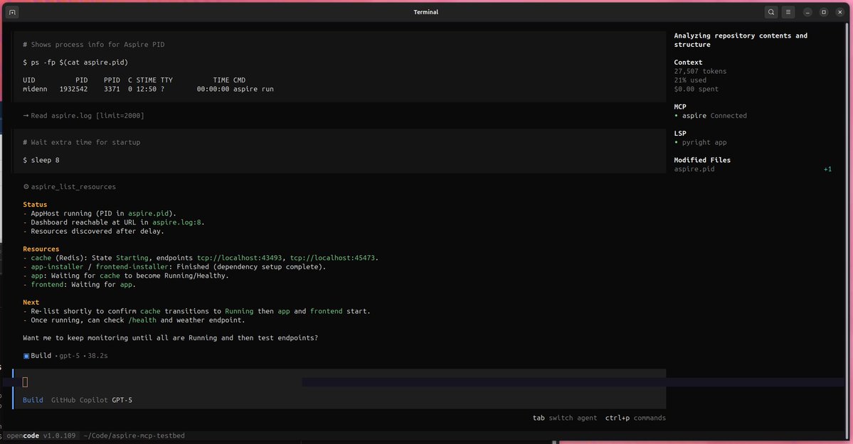 davidfowl's tweet image. Trying out the new aspire mcp in opencode

#aspire @aspiredotdev  #opencode