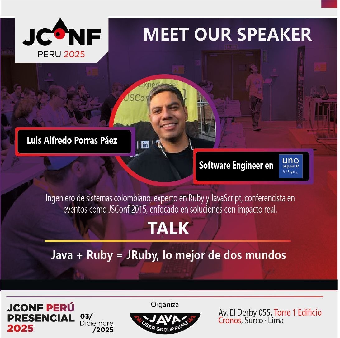 geovannycode's tweet image. 🚀 Desde Barranquilla apoyamos a nuestra comunidad hermana en Perú 🇵🇪

Presentamos a uno de los speakers de JConf Perú 2025:
🎙 Luis Alfredo Porras Páez
Software Engineer en UnoSquare.

🔥 Talk: Java + Ruby = JRuby, lo mejor de dos mundos
📅 03 de diciembre – Lima

¡Una charla…