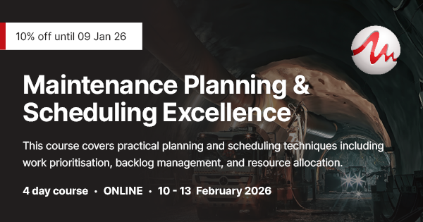 ⚡ 10% OFF ENDS 09 JANUARY
Our first training course of 2026 is almost here—and early bird pricing closes in days.
Maintenance Planning &amp; Scheduling Excellence
📅 10–13 February | 🌐 ONLINE | ⏰ 4 days 
👉 Secure your seat: zurl.co/QmWKl

#MaintenancePlanning