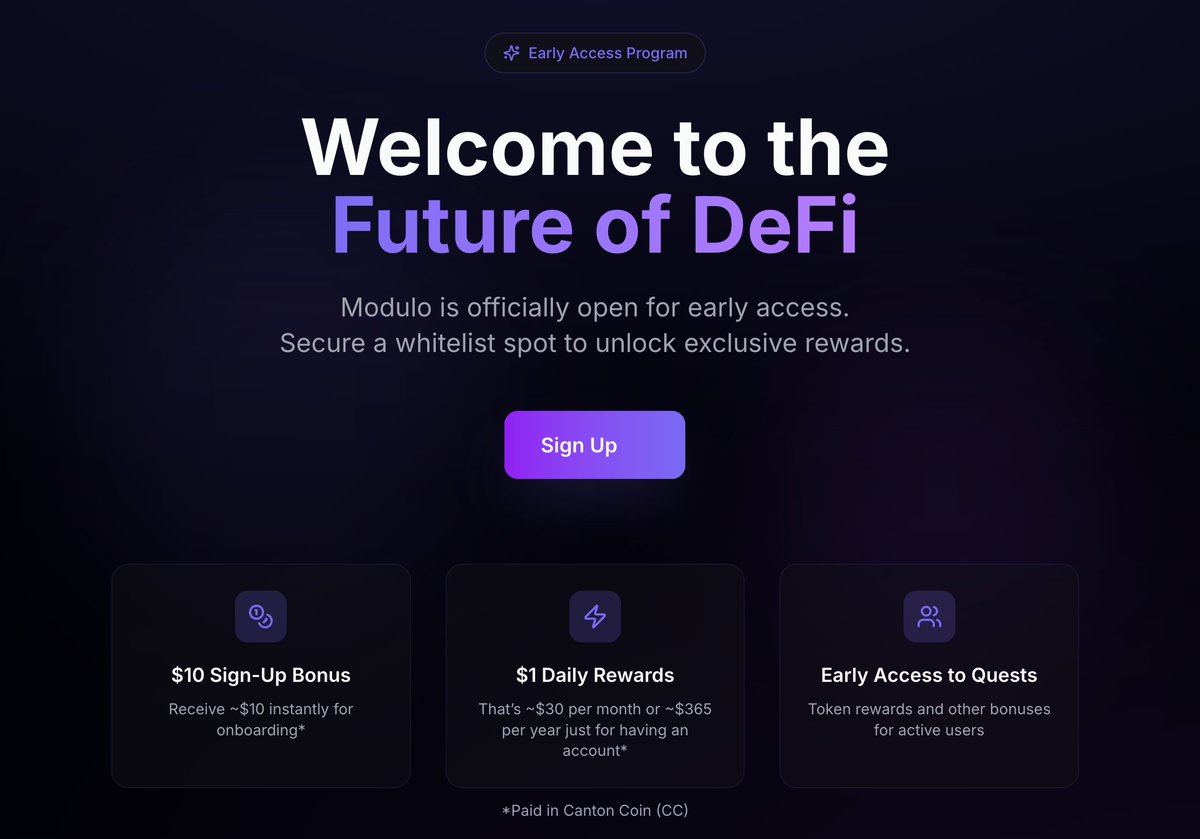 ModuloFinance's tweet image. ICYMI: Modulo launches this week with juicy rewards for early users.

💰 $10 sign-up bonus
💰 $1 daily rewards
💰 thats ~$30 per month
💰 and ~$365 per year

Hundreds of people on the whitelist already 🔥

Have you signed up yet? 👇

verify.modulo.finance