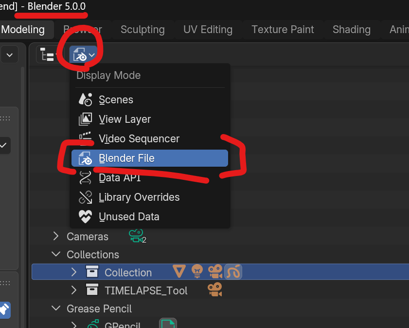 🖌️【Blender 5メモ】グリースペンシルの登録の復旧手順  アセットが消えてしまったので再登録のおさらい。  

まず、お気に入りのブラシが入ってるファイルをBlenderで開く

1️⃣ ウィンドウタイプ(左上)を「アウトライナー」に変更 

2️⃣ 表示モードを「Blend File」にする 

3️⃣ 