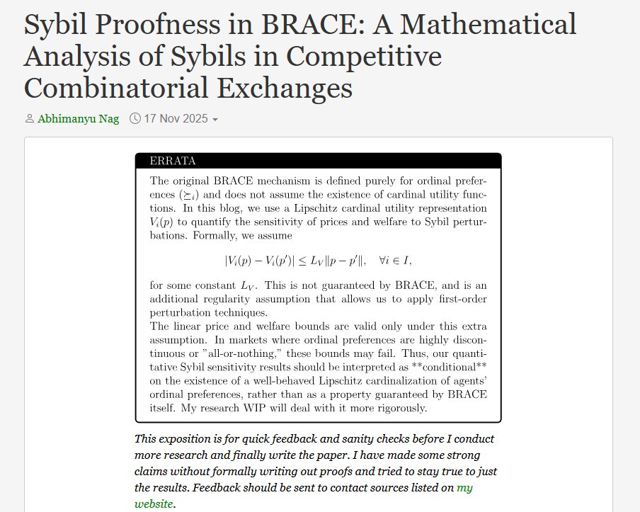 Sybil Proofness of Competitive Combinatorial Exchanges
======
I attacked BRACE with Sybil perturbations to see how combinatorial exchanges hold up. Big respect to Jantschgi et al. for the original design. Market designers, L1s, DeFi protocols should probably read this.