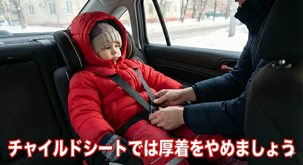 厚着をしたまま、お子さんをチャイルドシートに載せるのは避けましょう。ダウンコートなど分厚い防寒着を着せたままチャイルドシートを締めると、体にしっかりフィットせず、衝突時に体が前方に投げ出される危険性があります。チャイルドシート利用時には防寒着は脱いで上からかける方法がオススメです