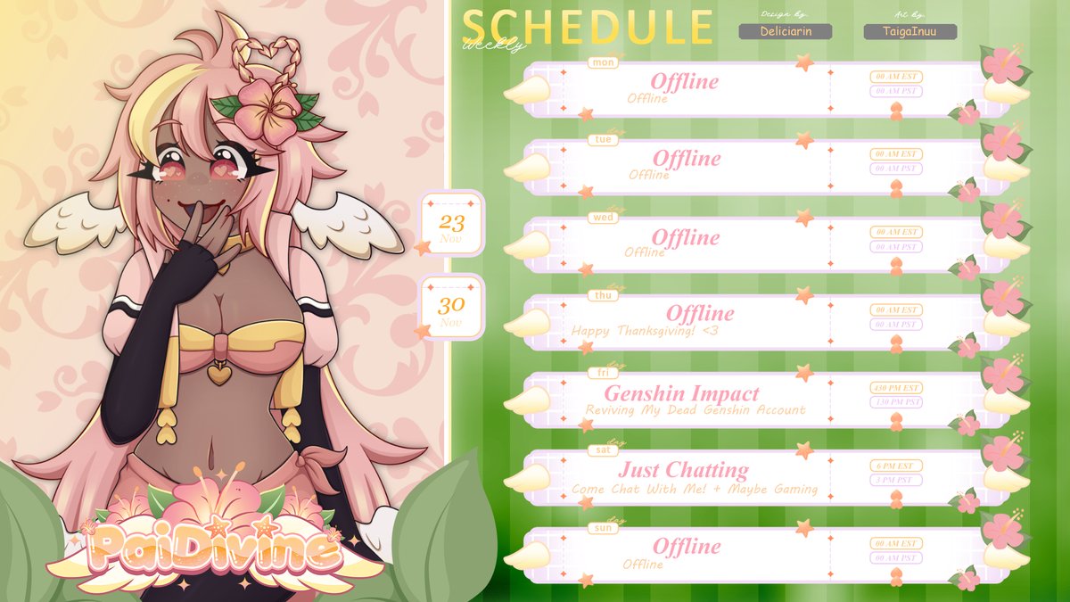 UrGirlfriendPai's tweet photo. (˶˃ ᵕ ˂˶) .ᐟ.ᐟ Nov 23 to the 29th Schedule! 

Come join me for some streams on Friday and Saturday hope to see you starshells there. ✨

I'll try streaming in the mornings next week when I get the chance to. ❤️ https://t.co/EOBmnHtV5e