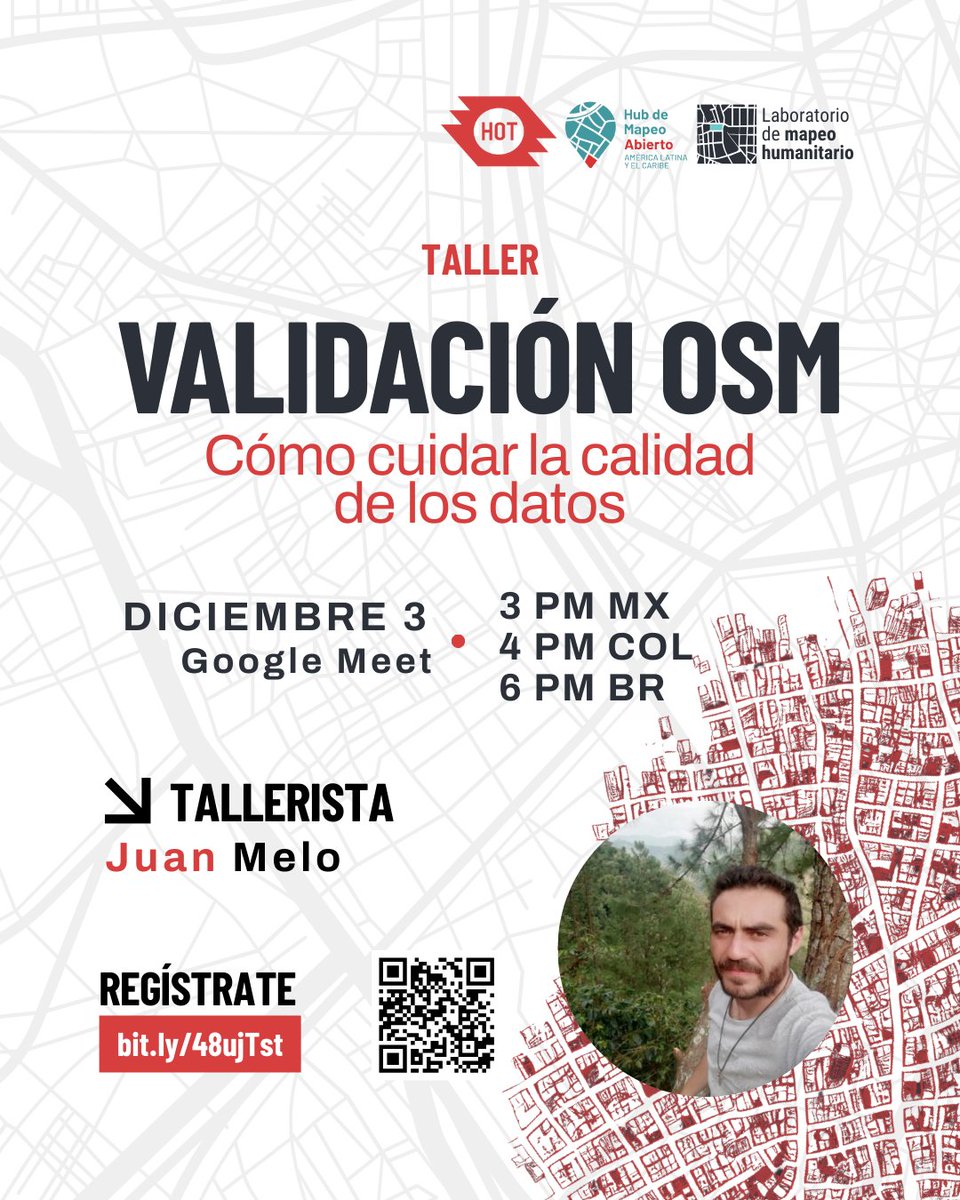 MapHubLAC's tweet image. 📢 Este 3 de diciembre acompáñanos en el taller de validación de datos en #OSM con @juanchopolas1. 

Validar es asegurar que los datos sean útiles y de calidad. Veremos principios básicos, errores comunes, herramientas y buenas prácticas.

🔗 Regístrate: bit.ly/48ujTst
