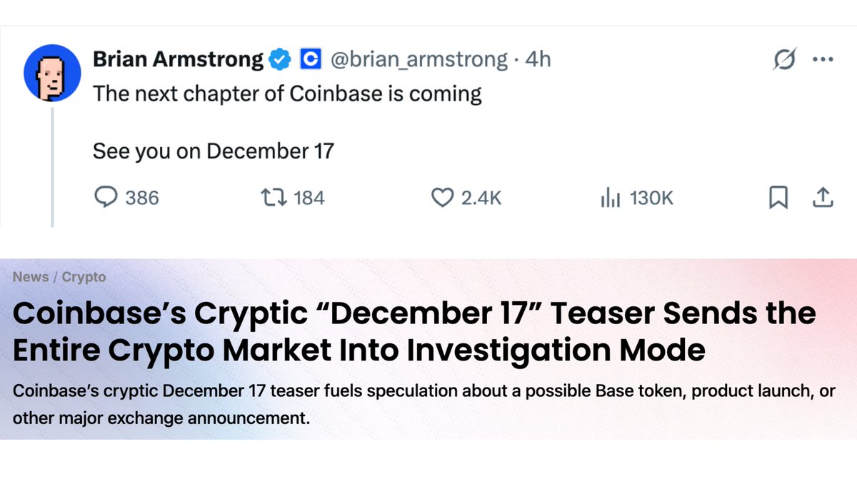 investingluc's tweet image. Laying in bed almost falling asleep, but something about $COIN caught my eye.

I practically levitated out of my bed to look into it.

First thing that jumped out was $COIN CEO tweeting about a date...December 17th.

&quot;A new chapter&quot;.

Rumor mill’s getting spicy. New tokens?…
