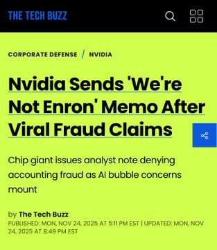 Screenshot of a Tech Buzz article webpage, showing the headline 'Nvidia Sends ‘We’re Not Enron’ Memo After Viral Fraud Claims' with subtext on denying fraud amid AI concerns, publication and update dates in November 2025, and green accent elements.