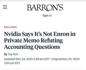 Screenshot of a Barron's news article webpage, featuring the headline 'Nvidia Says It’s Not Enron in Private Memo Refuting Accounting Questions' by Tae Kim, with publication date November 24, 2025, and site navigation elements like 'Sign In' and 'EXCLUSIVE' label.