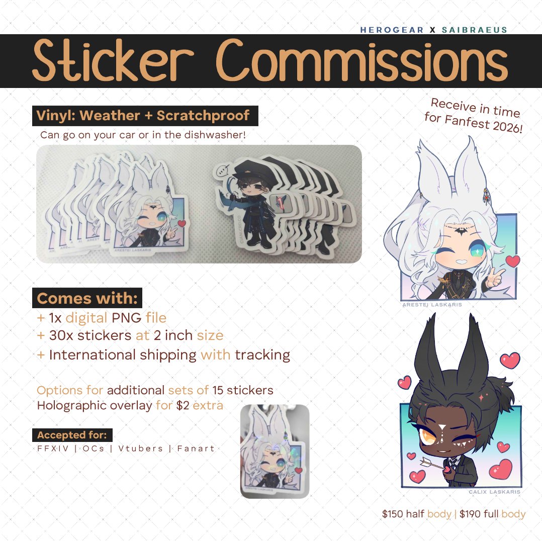 Saibraeus's tweet image. ✨Custom Stickers✨

Receive before Fanfest

Vinyl: Water/Scratchproof

1x Custom art; PNG file
30x Stickers at 2" size
International ship w/ tracking

FFXIV, OCs, fanart + vtubers accepted
Vtubers don't need any additional licenses!

Check reply for f0rm!