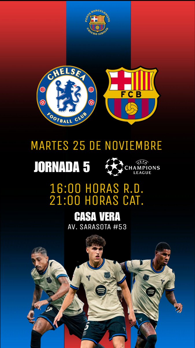 PBCSibilio's tweet image. Convocatoria a toda la Penya Barcelonista este Martes 5 de Noviembre a las 16:00 horas, a nuestra sede oficial #CasaVera a disfrutar el partido de @ChampionsLeague 
Visca el Barça ❤️💙
#FCBarcelona #Fútbol #Penya  @FCBPenyes @FCBarcelona_es
#mesqueunclub #ChelseaBarça