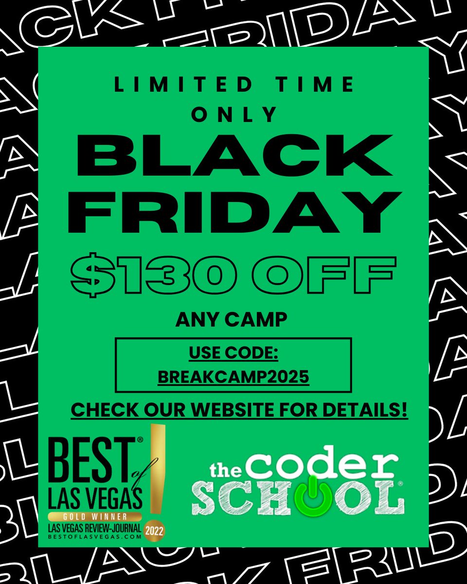 ThecoderschoolN's tweet image. thecoderschool.com/locations/?nea…

*LIMITED TIME ONLY* Black Friday Offer!! 📲😊

#lasvegas #summerlin #momsinlasvegas #vegasmoms #kidswhocode #coding #codereview