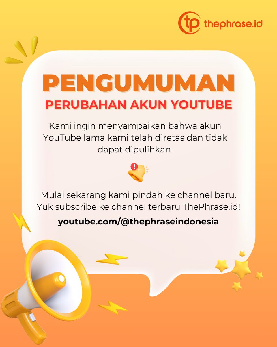 ThePhrase_ID's tweet image. Halo Sobat ThePhrase!👋

Kami mau kasih info kalau akun YouTube lama kami telah diretas dan sayangnya sudah tidak bisa dipulihkan. Mulai sekarang kami pindah ke channel baru. Yuk subscribe channel terbaru ThePhraselD supaya tetap bisa mengikuti konten kami! 🎥✨️

#ThePhraseID