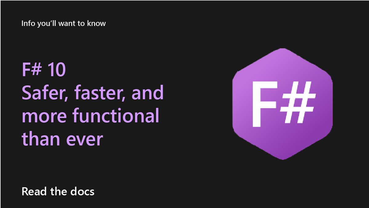 dotnet's tweet image. F# 10 enhances functional programming on #dotNET with nullable reference types, optimized equality checks, faster integral ranges, and improved tooling diagnostics. It reinforces F#’s reputation as a concise, reliable, (cont) msft.it/l/6017tXJ7U