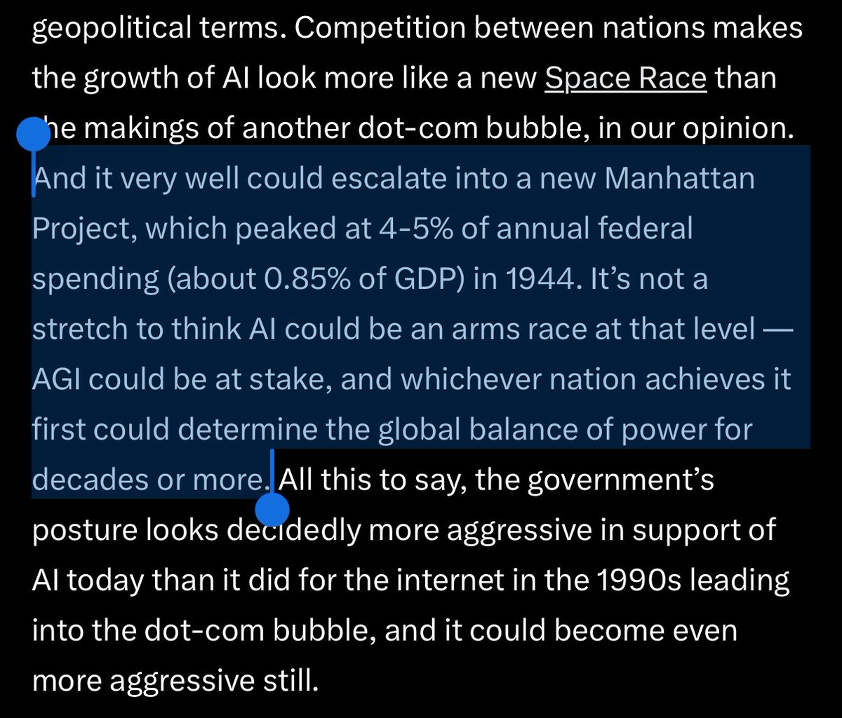 intangiblecoins's tweet image. in october i wrote that today’s AI buildout looks more like a new manhattan project than the broadband-ification of the 1990s and thus dot-com bubble comparisons were inadequate 

today the white house confirmed AI is about geopolitics and national security