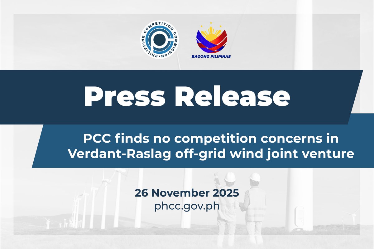 CompetitionPH's tweet image. PCC finds no competition concerns in Verdant-Raslag off-grid wind joint venture | Read more: bit.ly/PCC-Verdant-Ra…

#CompetitionPH #CompetitionMatters #MergersAndAcquisitions