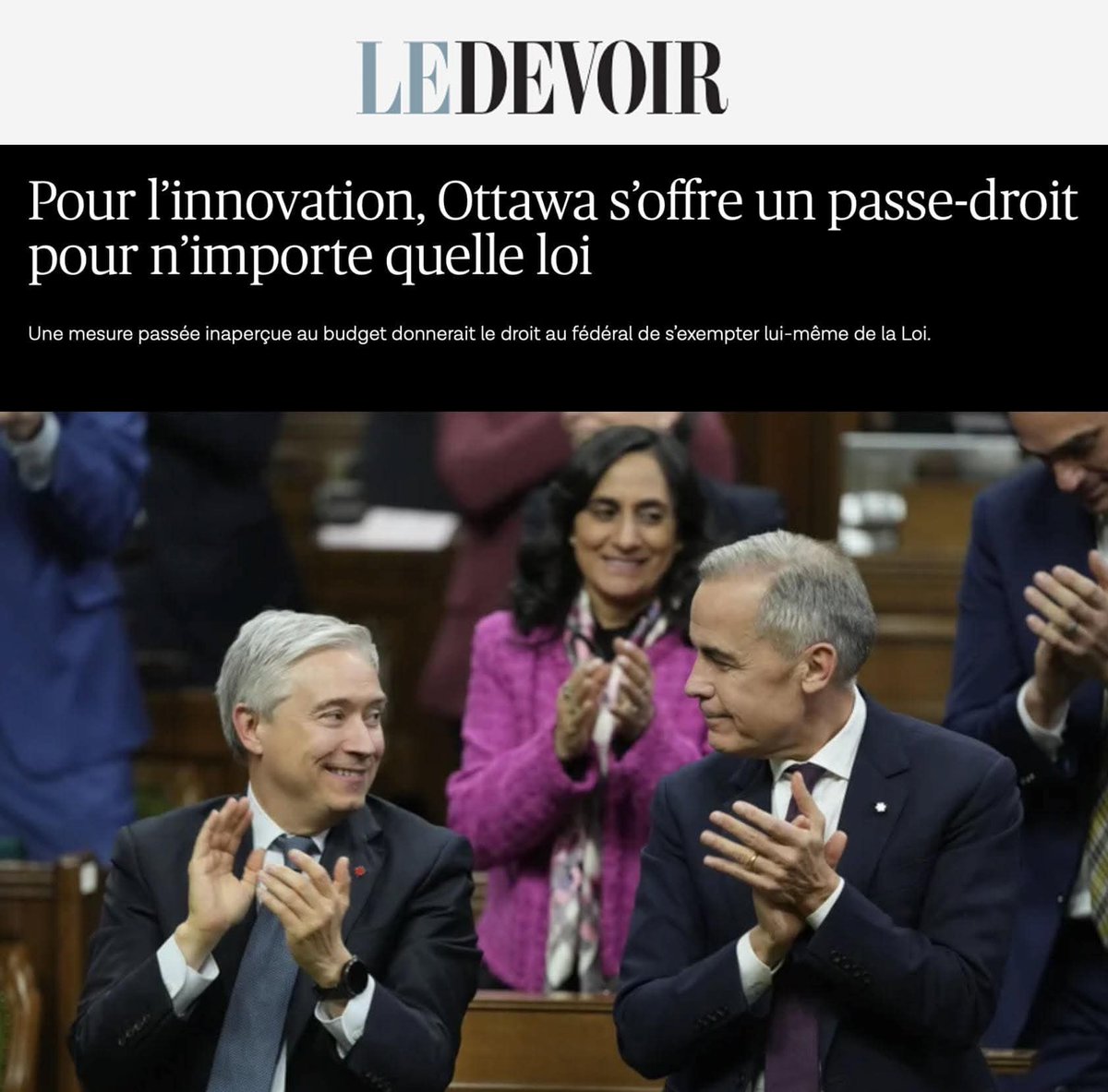 🚨 Trois ans où un ministre pourrait effacer une loi d’un seul mot.

Sans vote. Sans débat.

C’est ce que permettrait le budget Carney!

Environnement, fiscalité, transport : tout pourrait tomber.

Le <a href="/BlocQuebecois/">Bloc Québécois</a> se battra pour stopper cette dérive!

#PolCan #Budget2025