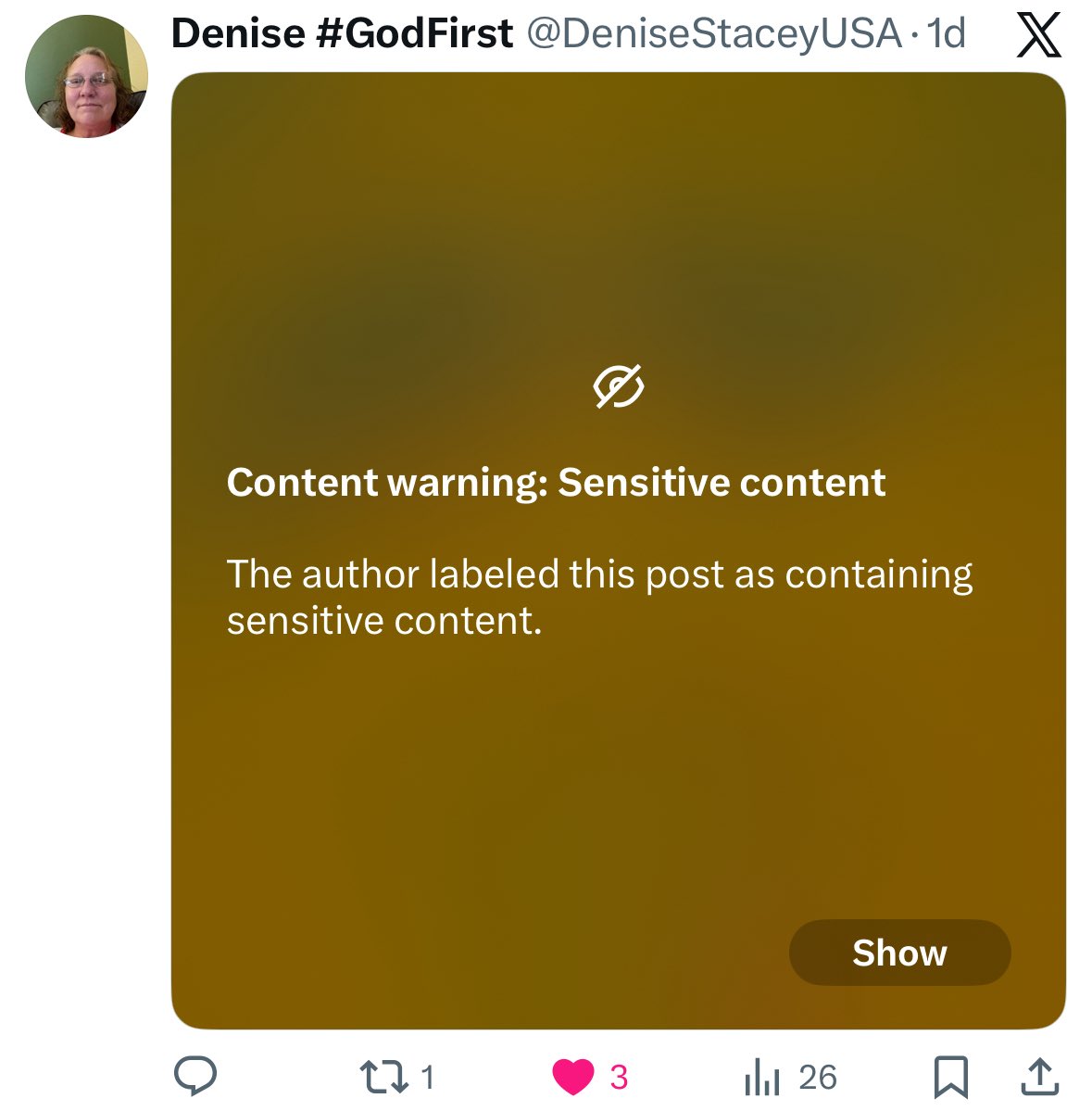 DeniseStaceyUSA's tweet image. WHY Are My Posts Showing Up As Sensitive Content⁉️⁉️⁉️⁉️⁉️

ATTENTION:

@elonmusk 

@X 

Who Can I Tag To Solve This⁉️⁉️⁉️

This Is 😵‍💫😵‍💫😵‍💫😵‍💫😵‍💫😵‍💫😵‍💫

#KeepHashtagging 

#SMALLACCOUNTSMATTER 

#Content

#GodFirst

#GodBlessAmerica 

#GodBlessYou

 #GodBlessPresidentTrump