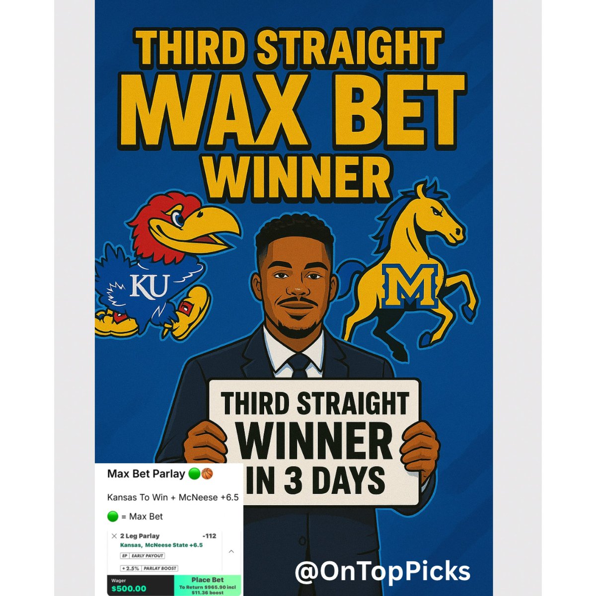 OnTopPicks's tweet photo. ANOTHER Max Bet = 
WINNER 🏀🤑

@KUHoops ML + 
@McNeeseMBB +6.5 💰

If you want to make real money #SportsBetting tap in 🤷🏽‍♂️♥️

#FanDuel | #JoinVIP | #bet365 https://t.co/IjCSBkCdBC